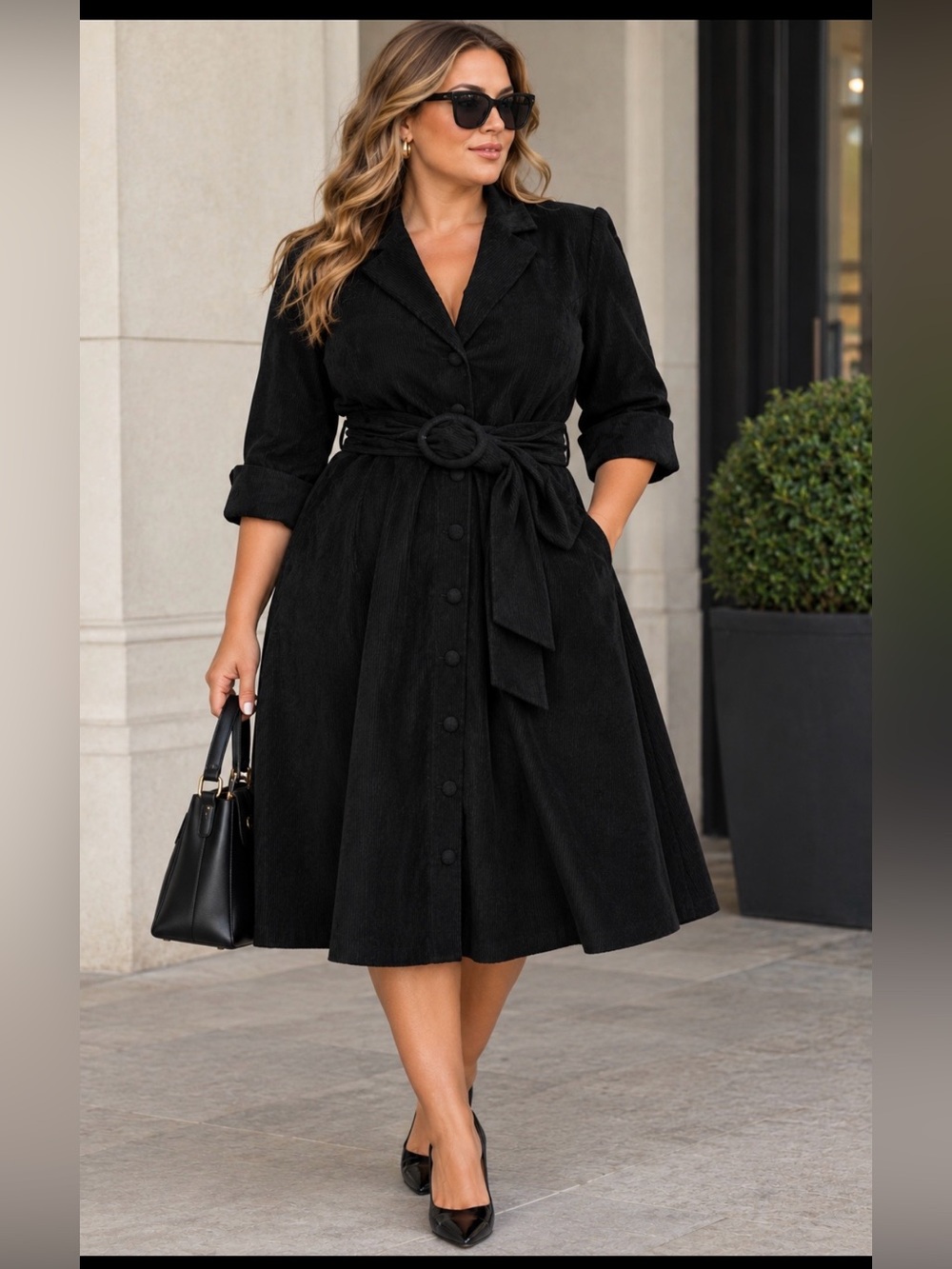 J Peterman Women's 1940's Corduroy Dress in BLACK